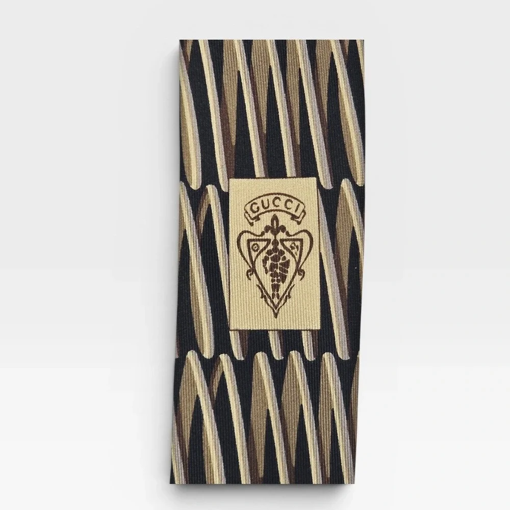 Gucci Mens Silk Tie Geometric Zig Zag Tan Brown Black Made in Italy Luxury